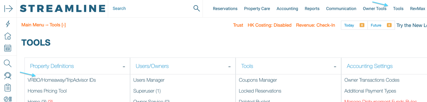 Streamline Tools menu showing VRBO/Homeaway/TripAdvisor IDs