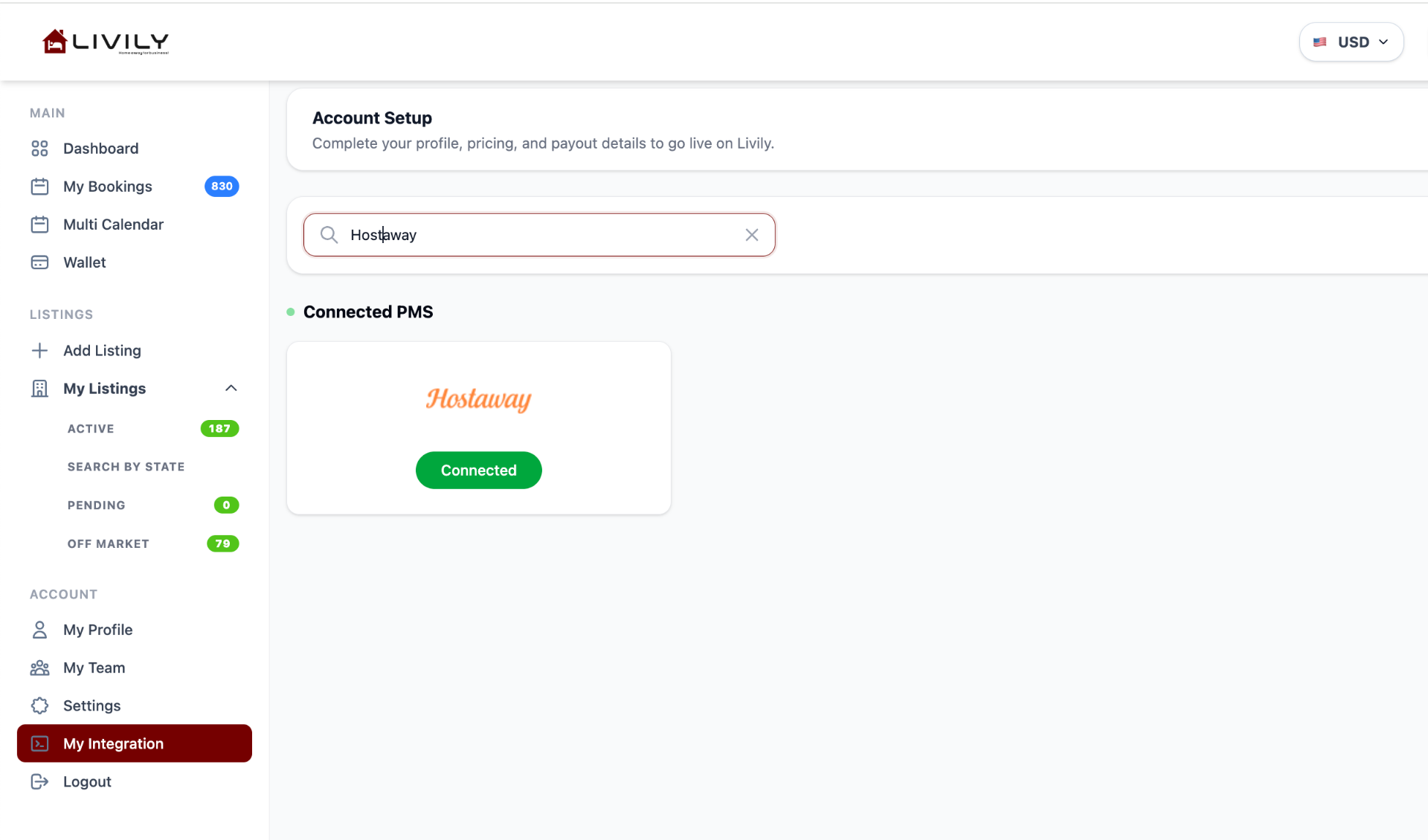 My Integration page on Livily showing Hostaway connected