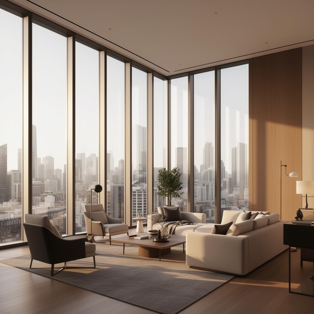 Sleek, modern corporate apartment interior with floor-to-ceiling windows and luxury minimalist design
