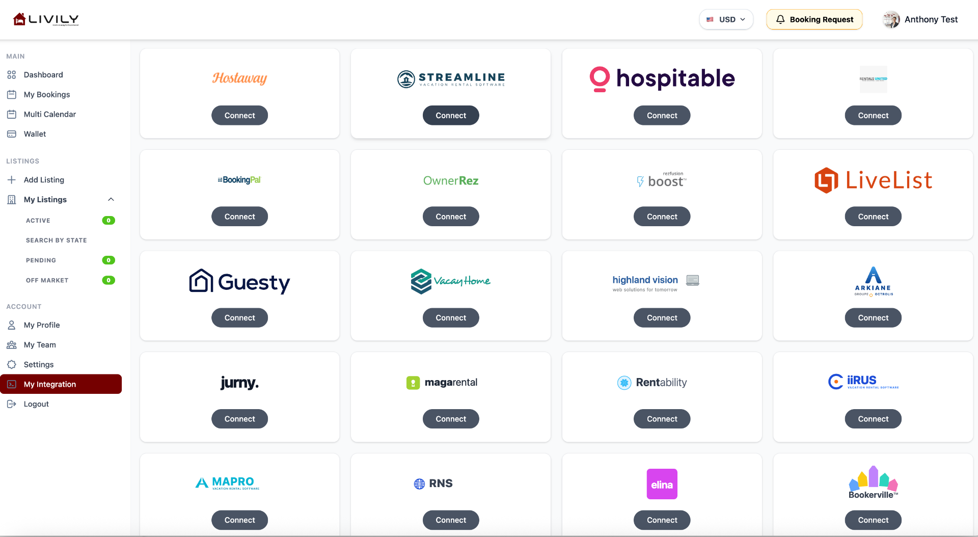 Livily My Integration page with Streamline Connect tile
