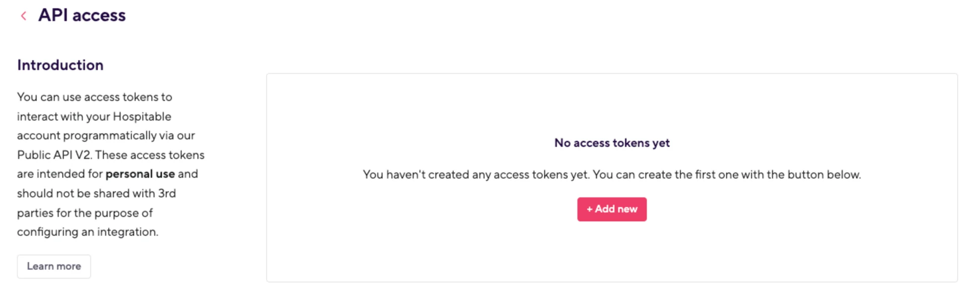 Hospitable API access page with No access tokens yet and + Add new button