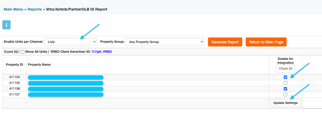 Streamline Vrbo/Airbnb/PartnerOLB ID Report with channel set to Livly and Enable for Integration checkboxes