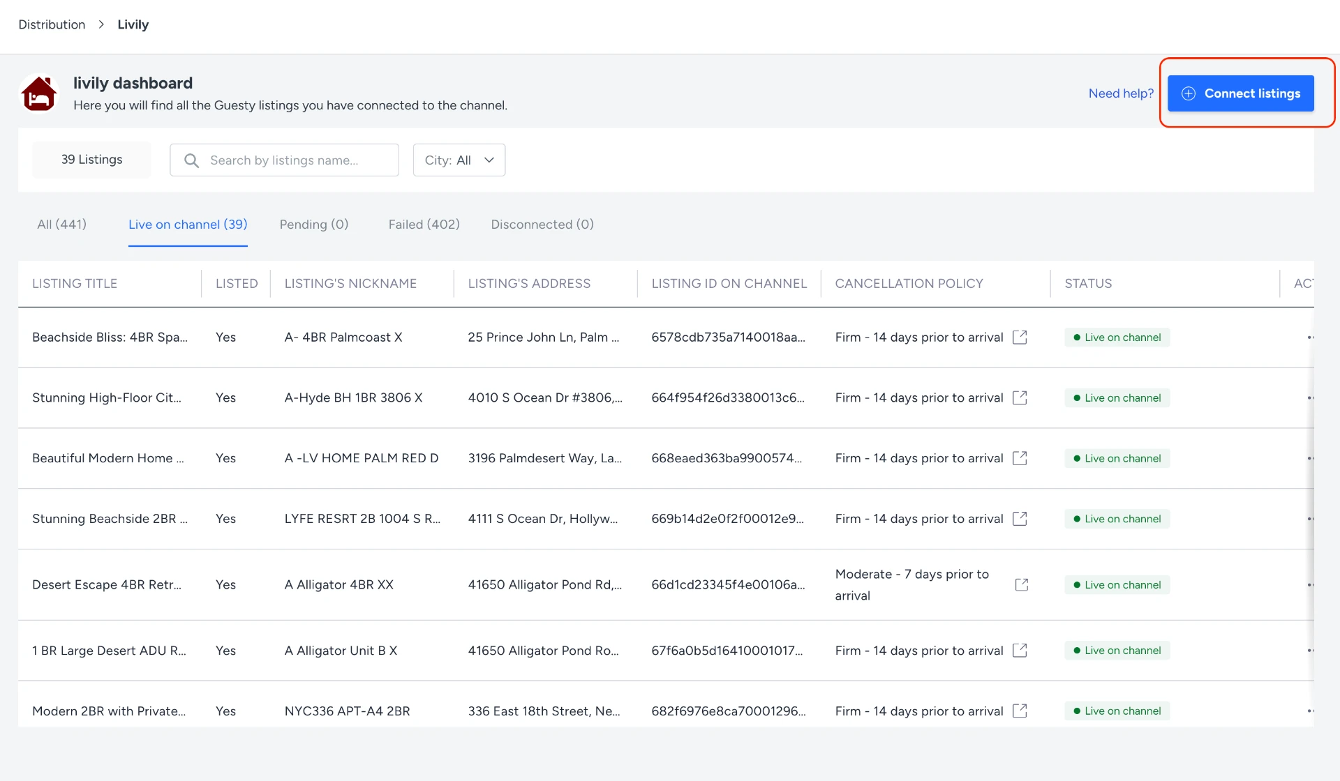 Guesty Livily channel dashboard with Connect listings button
