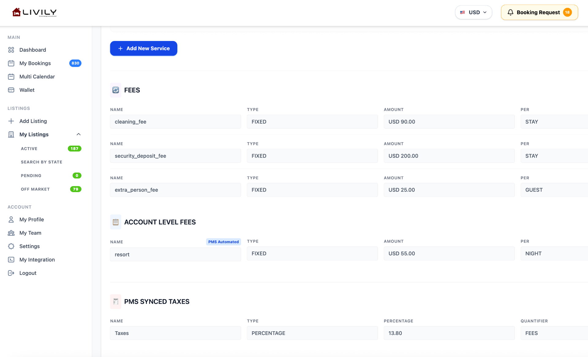 Livily Pricing page showing synced Fees, Account Level Fees, and PMS Synced Taxes
