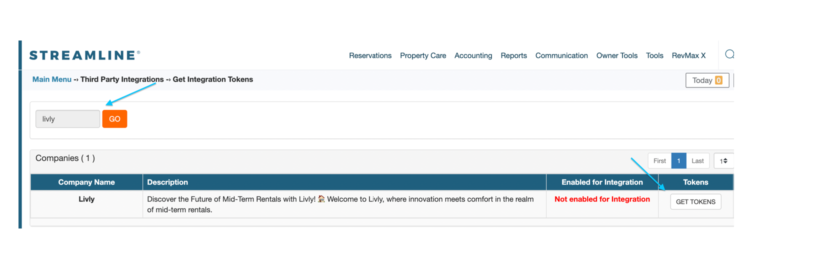 Streamline Get Integration Tokens search for Livly and GET TOKENS button