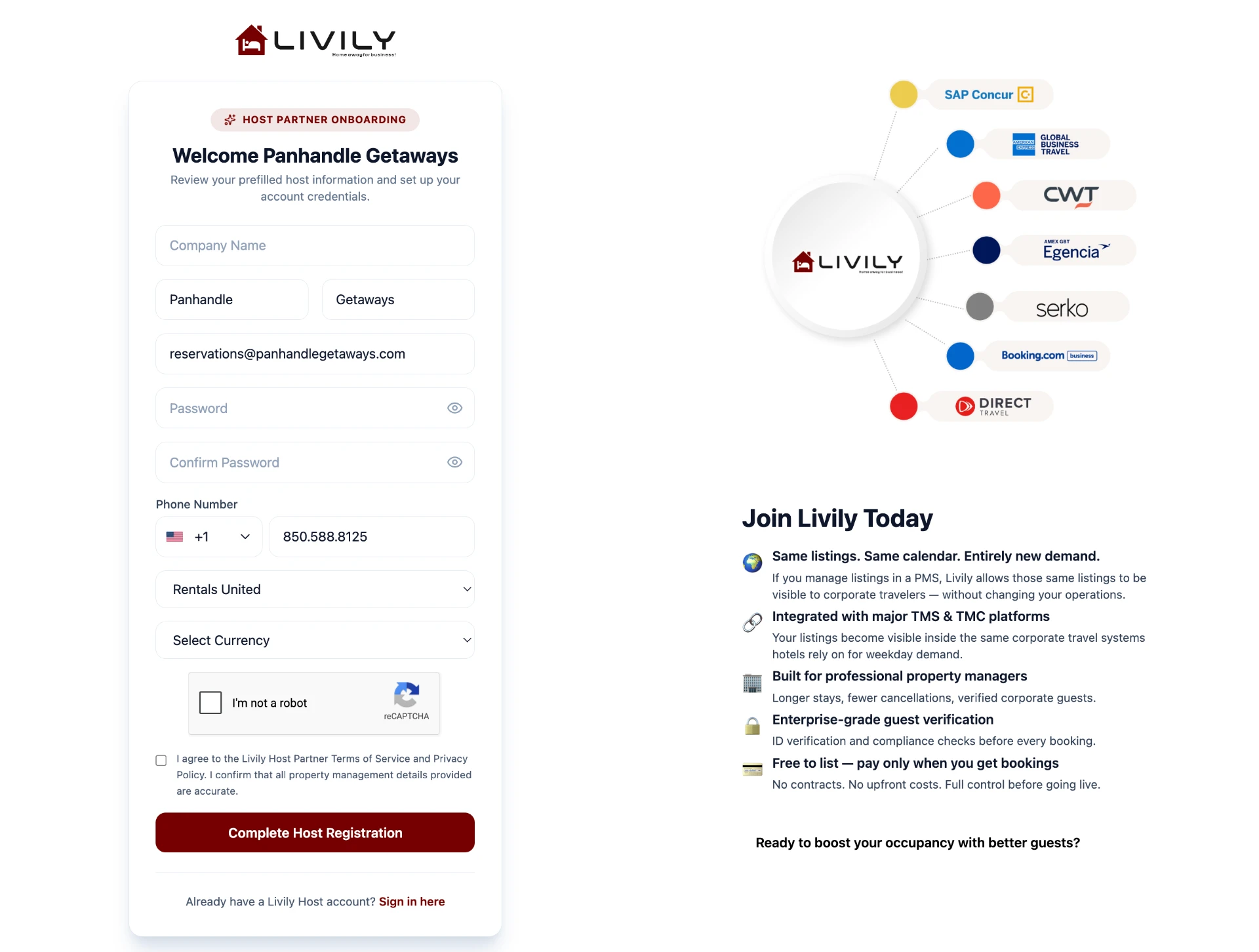 Livily host registration form showing pre-filled company and account details