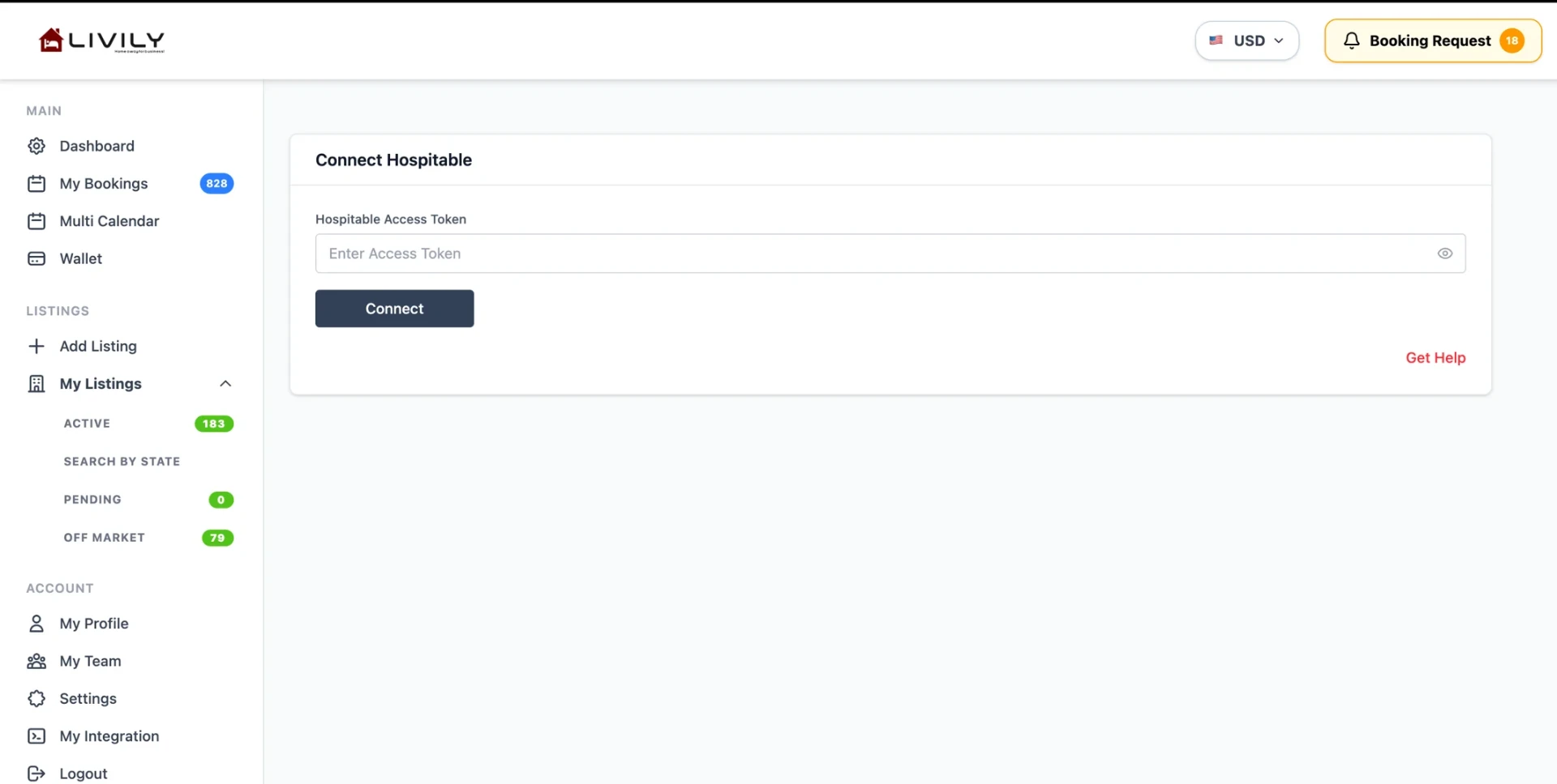 Livily My Integration page with Hospitable search and Connect Hospitable form