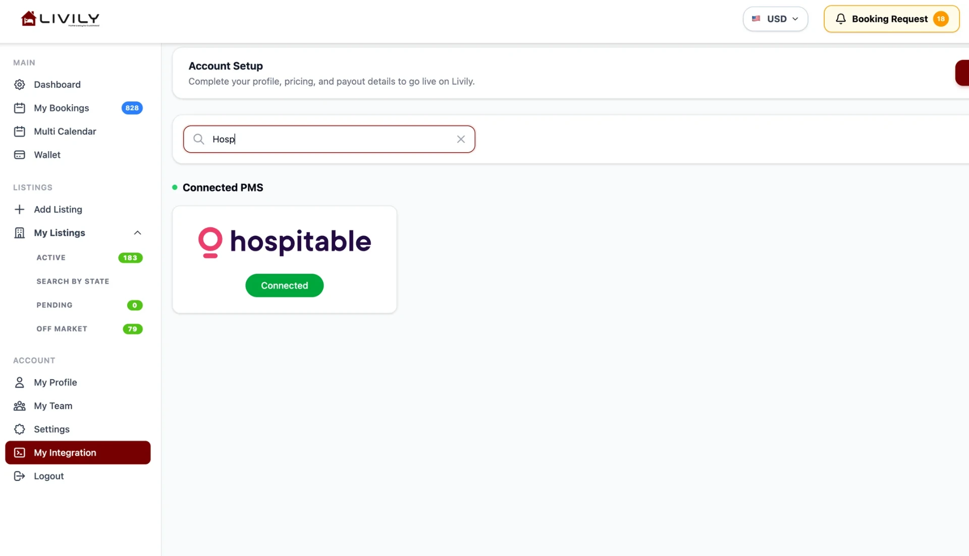 Livily Connected PMS showing Hospitable tile with green Connected badge