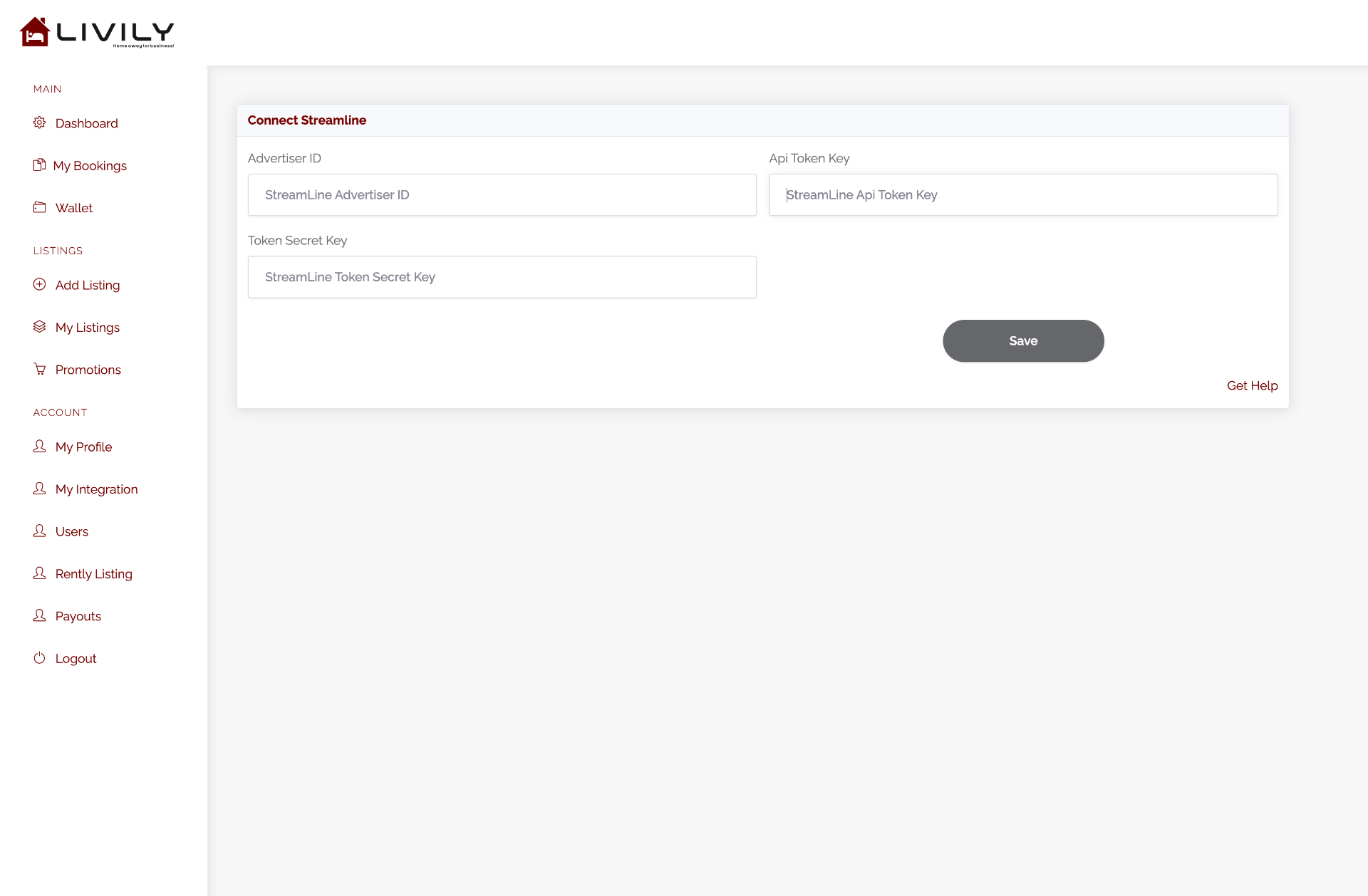 Livily Connect Streamline form with Advertiser ID, API Token Key, and Token Secret Key fields