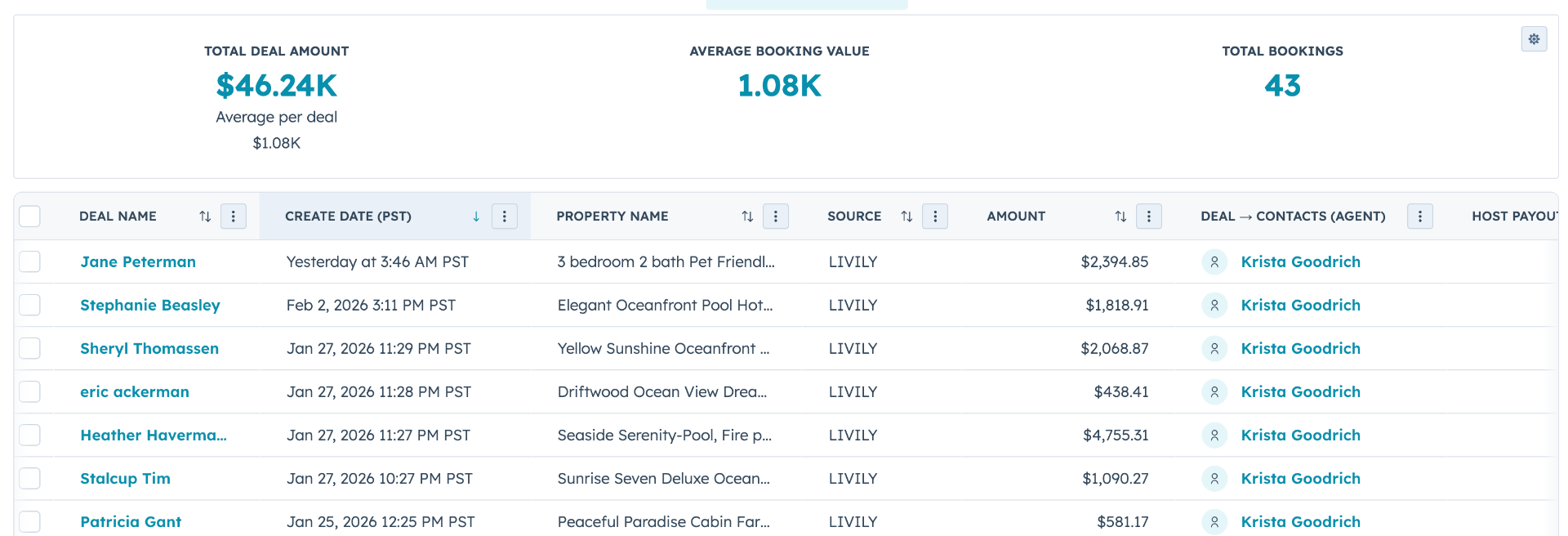 Salty Dog Vacation Rentals dashboard showing $46.24K total deal amount, $1.08K average booking value, and 43 total bookings—all sourced from Livily.