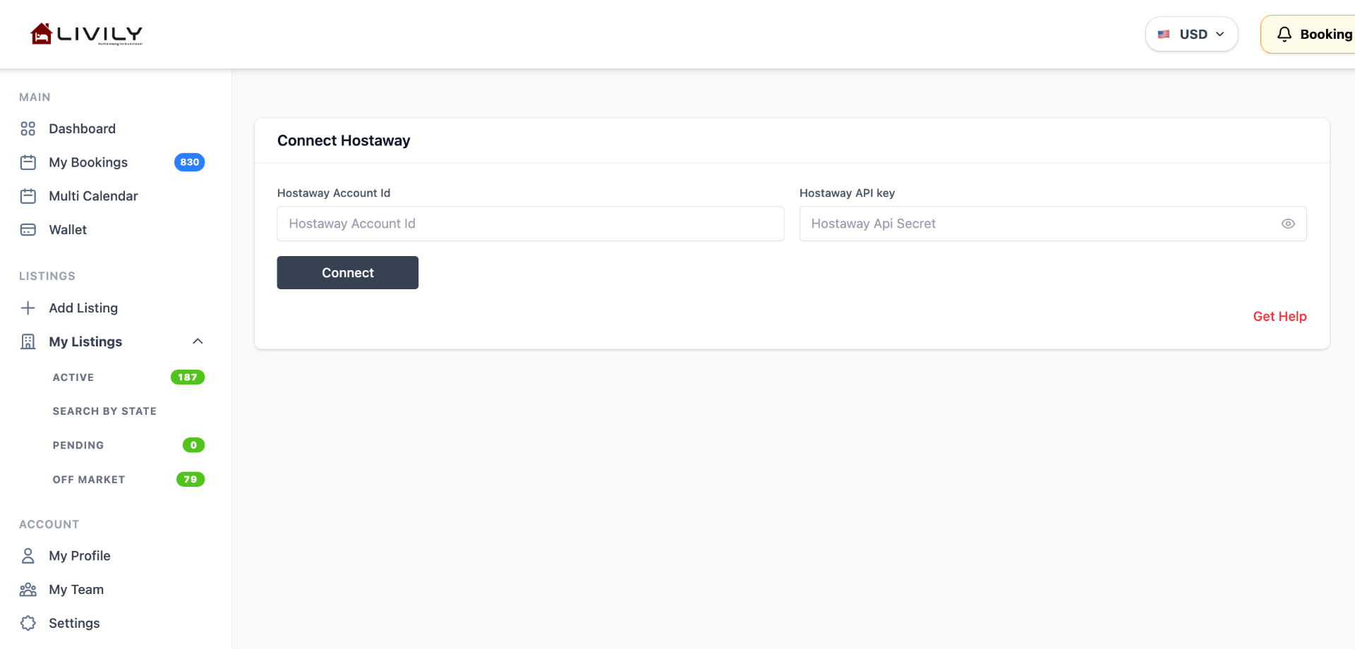 Connect Hostaway form on Livily with Account ID and API Key fields